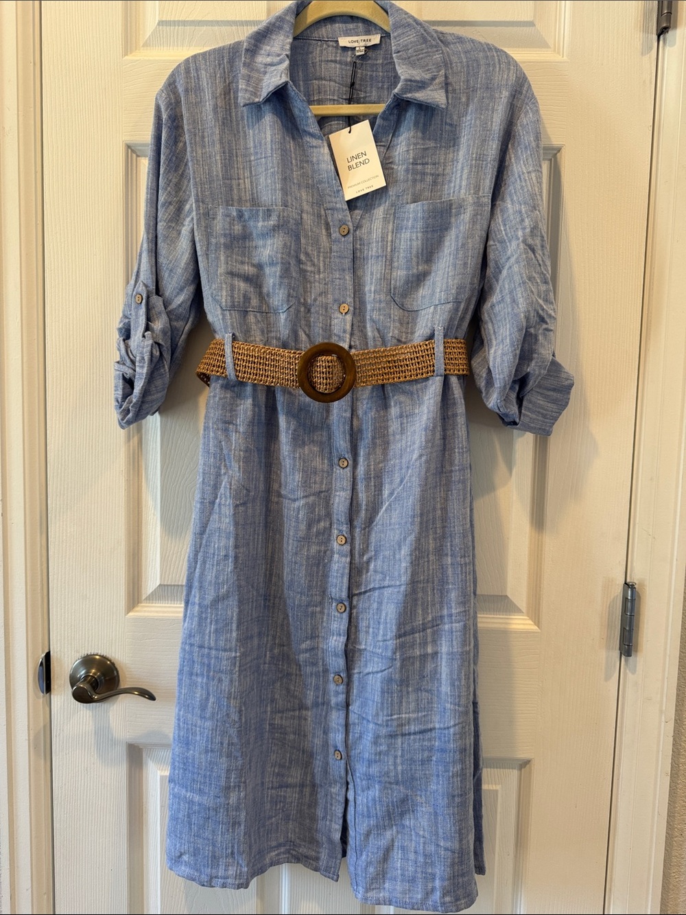 Love Tree Linen-Blend Blue Button-Front Shirt Dress with Belt